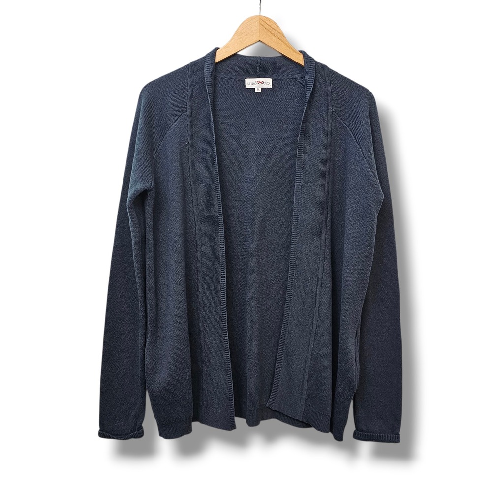 Retro Fox Navy Blue‎ Open Front Cardigan Sweater Size M Preppy Pockets Academia